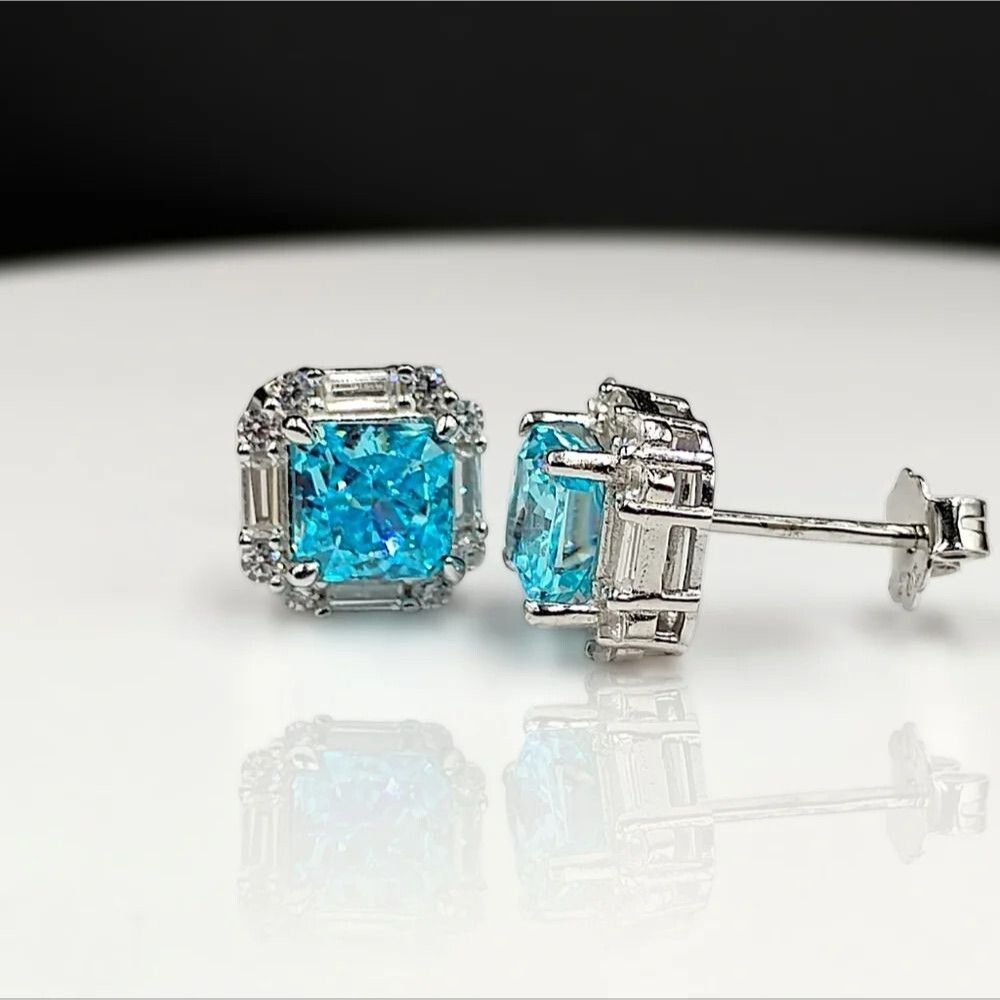 2.30CT Radiant Cut Crushed Ice Swiss Blue Topaz Stud Earrings in Sterling Silver - Picture 4 of 7